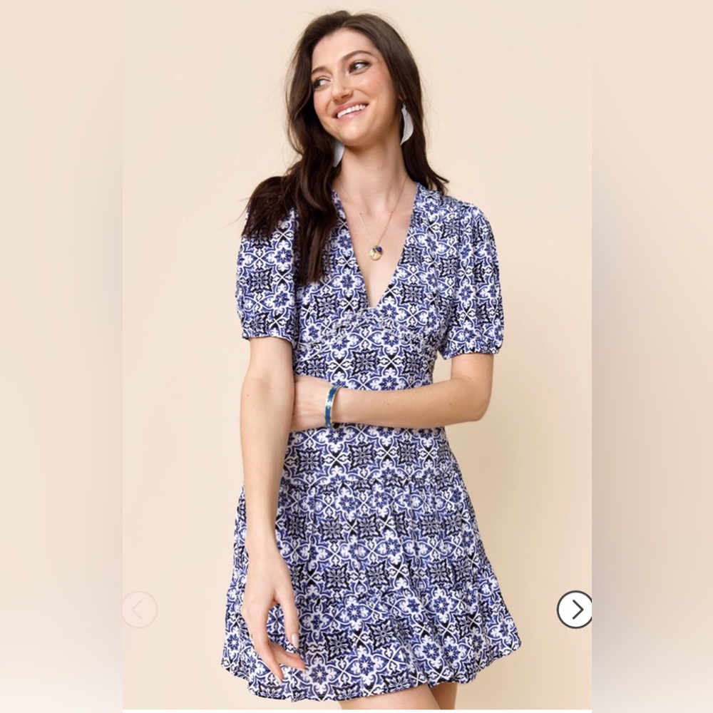 Blue Rain Black and White Puff Sleeve Sundress